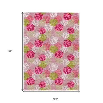 10' X 14' Pink Green And Ivory Polka Dot Washable Indoor Outdoor Area Rug