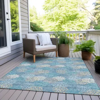 8' X 10' Sky Blue Gray And Ivory Polka Dot Washable Indoor Outdoor Area Rug