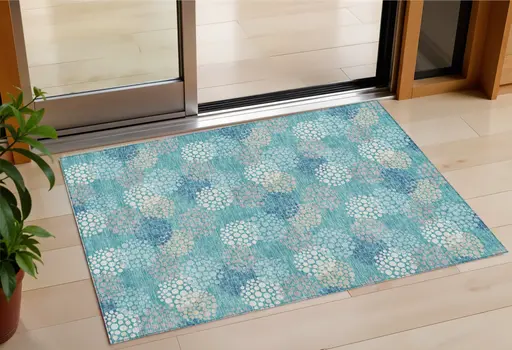 3' X 5' Teal Blue Gray And Ivory Polka Dot Washable Indoor Outdoor Area Rug