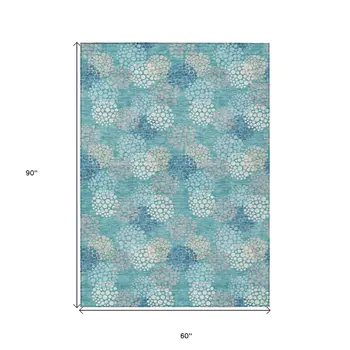 5' X 8' Teal Blue Gray And Ivory Polka Dot Washable Indoor Outdoor Area Rug