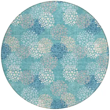 8' Teal Blue Gray And Ivory Round Polka Dot Washable Indoor Outdoor Area Rug