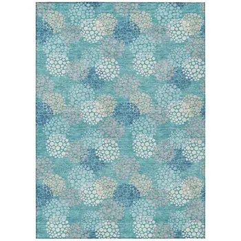 8' X 10' Teal Blue Gray And Ivory Polka Dot Washable Indoor Outdoor Area Rug