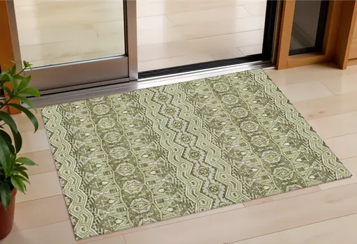 3' X 5' Artichoke Green Gray And Ivory Moroccan Washable Indoor Outdoor Area Rug