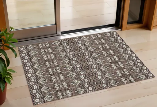 3' X 5' Brown Green And Ivory Moroccan Washable Indoor Outdoor Area Rug