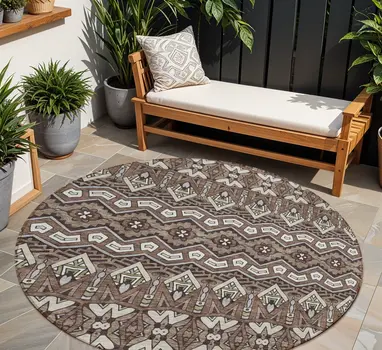 8' Brown Green And Ivory Round Moroccan Washable Indoor Outdoor Area Rug