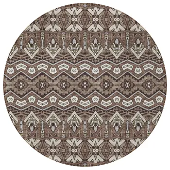8' Brown Green And Ivory Round Moroccan Washable Indoor Outdoor Area Rug
