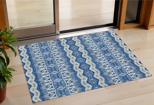 3' X 5' Blue Gray And Ivory Moroccan Washable Indoor Outdoor Area Rug
