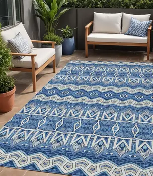 5' X 8' Blue Gray And Ivory Moroccan Washable Indoor Outdoor Area Rug