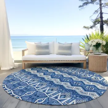 8' Blue Gray And Ivory Round Moroccan Washable Indoor Outdoor Area Rug