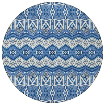 8' Blue Gray And Ivory Round Moroccan Washable Indoor Outdoor Area Rug