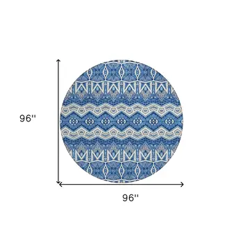8' Blue Gray And Ivory Round Moroccan Washable Indoor Outdoor Area Rug