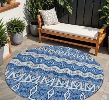 8' Blue Gray And Ivory Round Moroccan Washable Indoor Outdoor Area Rug