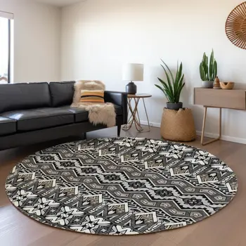 8' Charcoal Brown And Ivory Round Moroccan Washable Indoor Outdoor Area Rug
