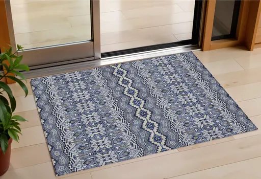3' X 5' Denim Blue And Ivory Moroccan Washable Indoor Outdoor Area Rug
