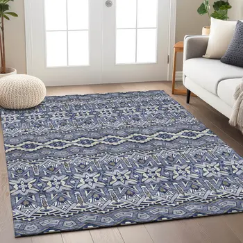 3' X 5' Denim Blue And Ivory Moroccan Washable Indoor Outdoor Area Rug
