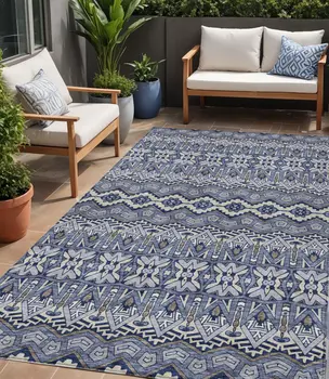 5' X 8' Denim Blue And Ivory Moroccan Washable Indoor Outdoor Area Rug