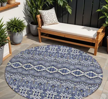 8' Denim Blue And Ivory Round Moroccan Washable Indoor Outdoor Area Rug