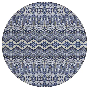 8' Denim Blue And Ivory Round Moroccan Washable Indoor Outdoor Area Rug