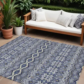 9' X 12' Denim Blue And Ivory Moroccan Washable Indoor Outdoor Area Rug