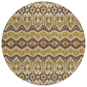 8' Gold Brown And Beige Round Moroccan Washable Indoor Outdoor Area Rug