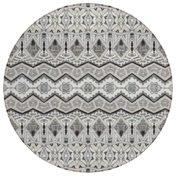 8' Gray Brown And Ivory Round Moroccan Washable Indoor Outdoor Area Rug