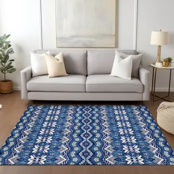 3' X 5' Navy Blue And Ivory Moroccan Washable Indoor Outdoor Area Rug