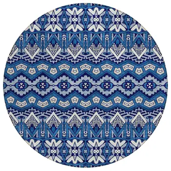 8' Navy Blue And Ivory Round Moroccan Washable Indoor Outdoor Area Rug