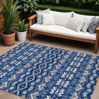 8' X 10' Navy Blue And Ivory Moroccan Washable Indoor Outdoor Area Rug