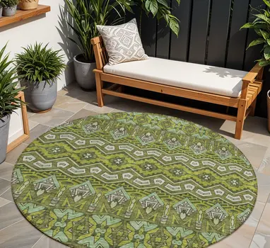 8' Olive Green Purple And Ivory Round Moroccan Washable Indoor Outdoor Area Rug