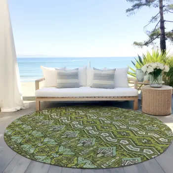 8' Olive Green Purple And Ivory Round Moroccan Washable Indoor Outdoor Area Rug