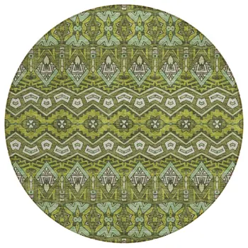 8' Olive Green Purple And Ivory Round Moroccan Washable Indoor Outdoor Area Rug