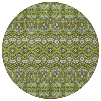 8' Olive Green Purple And Ivory Round Moroccan Washable Indoor Outdoor Area Rug