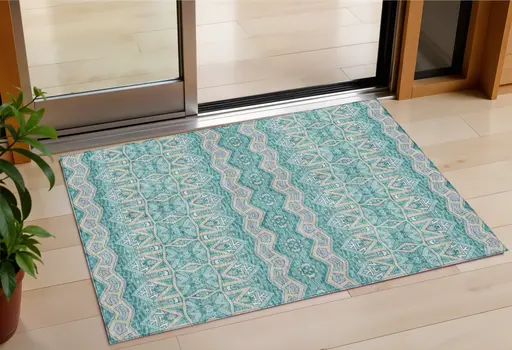 3' X 5' Teal Blue Purple And Gray Moroccan Washable Indoor Outdoor Area Rug