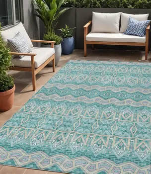 5' X 8' Teal Blue Purple And Gray Moroccan Washable Indoor Outdoor Area Rug