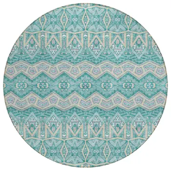8' Teal Blue Purple And Gray Round Moroccan Washable Indoor Outdoor Area Rug