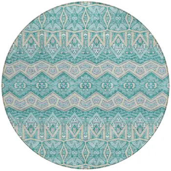 8' Teal Blue Purple And Gray Round Moroccan Washable Indoor Outdoor Area Rug