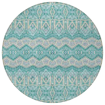 8' Teal Blue Purple And Gray Round Moroccan Washable Indoor Outdoor Area Rug
