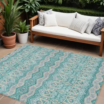 9' X 12' Teal Blue Purple And Gray Moroccan Washable Indoor Outdoor Area Rug