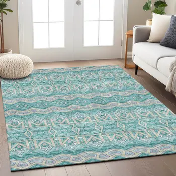 10' X 14' Teal Blue Purple And Gray Moroccan Washable Indoor Outdoor Area Rug