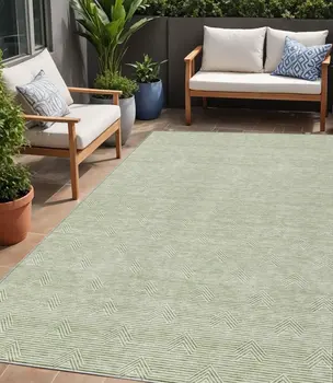 5' X 8' Artichoke Green And Ivory Geometric Washable Indoor Outdoor Area Rug