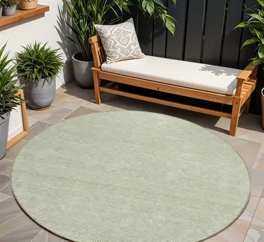 8' Artichoke Green And Ivory Round Geometric Washable Indoor Outdoor Area Rug