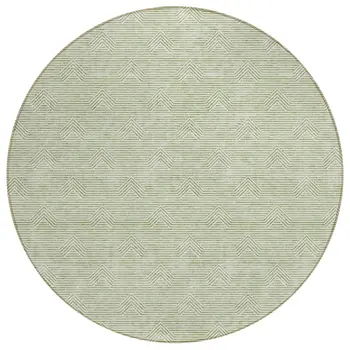 8' Artichoke Green And Ivory Round Geometric Washable Indoor Outdoor Area Rug