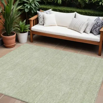 10' X 14' Artichoke Green And Ivory Geometric Washable Indoor Outdoor Area Rug