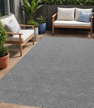 5' X 8' Black And Ivory Geometric Washable Indoor Outdoor Area Rug