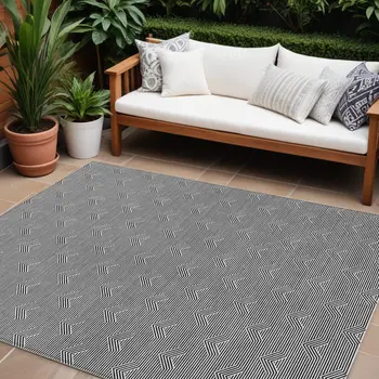 9' X 12' Black And Ivory Geometric Washable Indoor Outdoor Area Rug