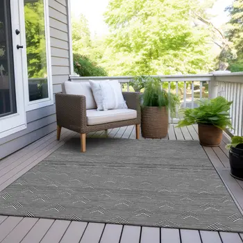 9' X 12' Black And Ivory Geometric Washable Indoor Outdoor Area Rug