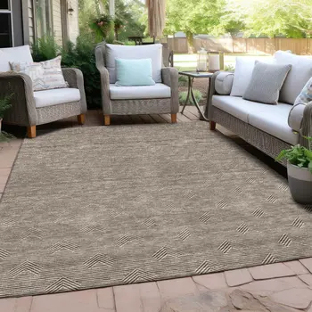 9' X 12' Brown And Beige Geometric Washable Indoor Outdoor Area Rug