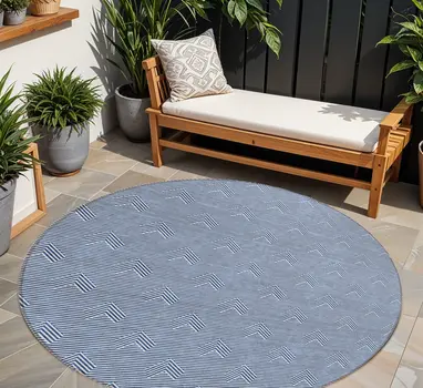 8' Blue And Ivory Round Geometric Washable Indoor Outdoor Area Rug