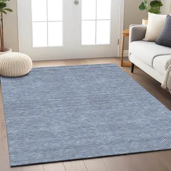 9' X 12' Blue And Ivory Geometric Washable Indoor Outdoor Area Rug