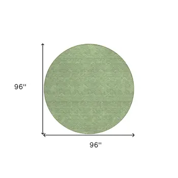 8' Green And Beige Round Geometric Washable Indoor Outdoor Area Rug